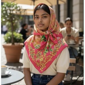 Versace Atelier Barocco Floral Ivy Print Pink Silk Foulard Large Scarf